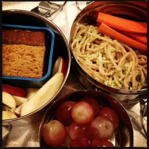 IMG_3538 tiffin lunch - broccoli cream pesto, carrots, pumpkin bread, apples, grapes
