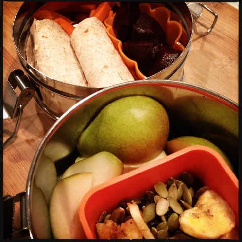 IMG_3540 tiffin lunch - taco, beets, carrots, pear, mixed seeds